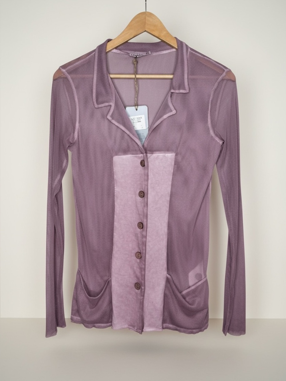 Luukaa Sheer Mesh Button Front Blouse Rose Mauve Medium